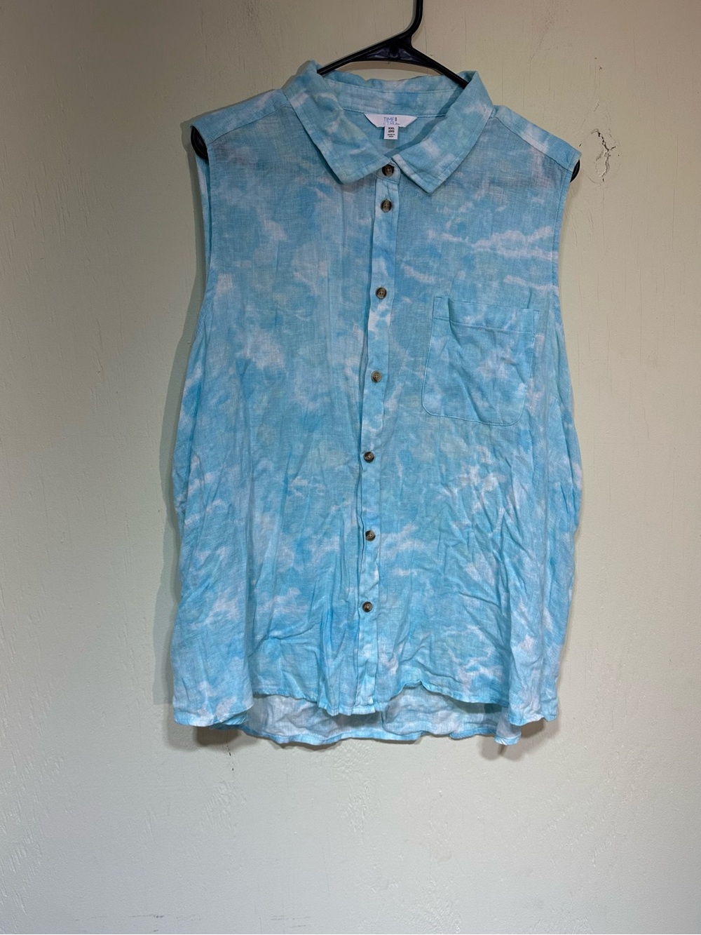 Time and Tru blue tie-dye linen blend sleeveless button-down tank top xxl 2x